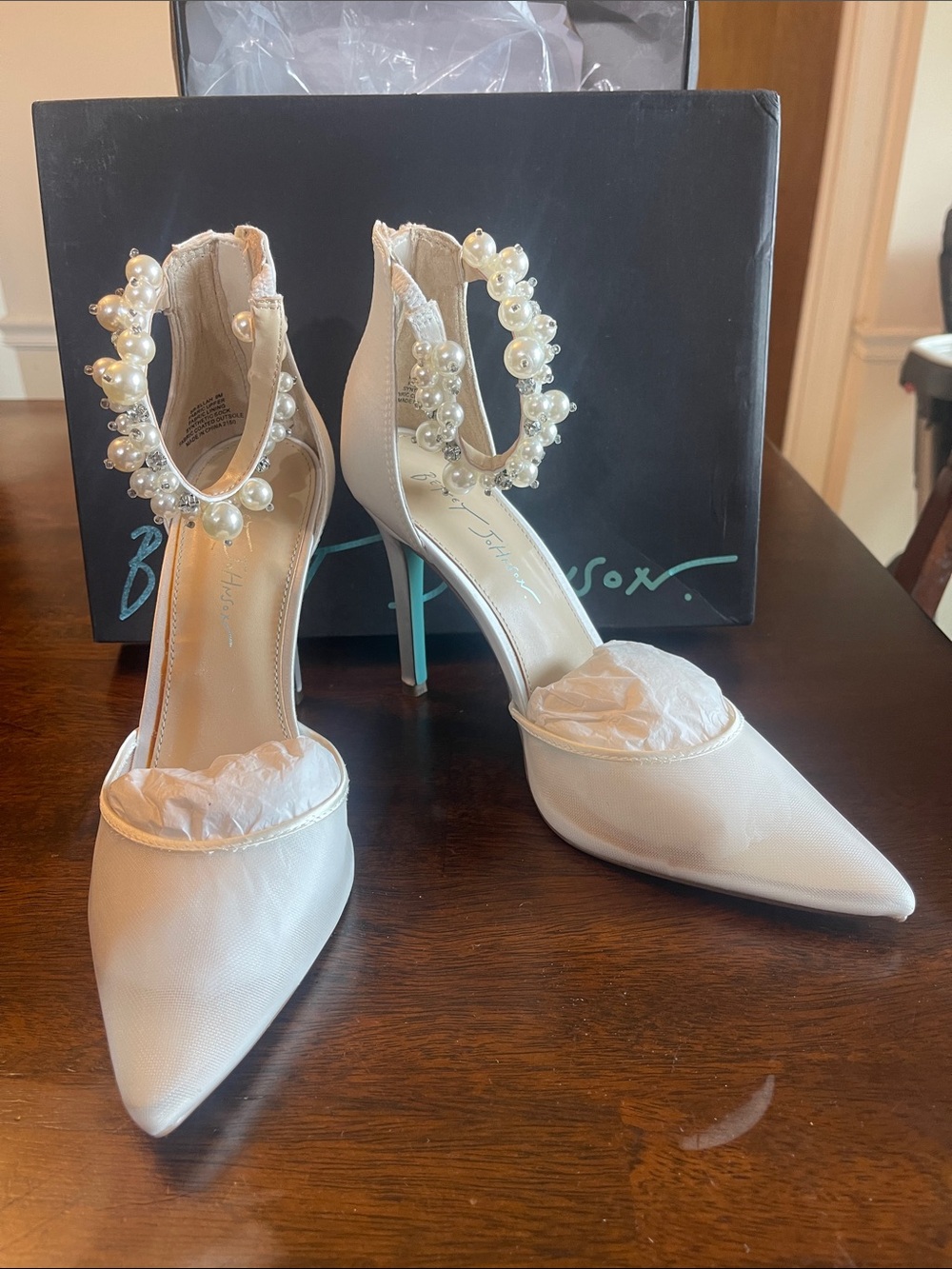 Women's Pearl-Ankle Strap Betsey Johnson Pointed Toe Heels - Ivory